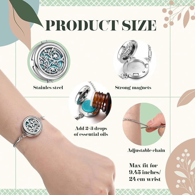 Liliaafar Aromatherapy Essential Oil Diffuser Bracelet with 8 Pcs Refill Pads and 4 Tea Tree Lavender Lemongrass Peppermint for Teacher Employee Women Ister Wife Birthday Favor Gifts