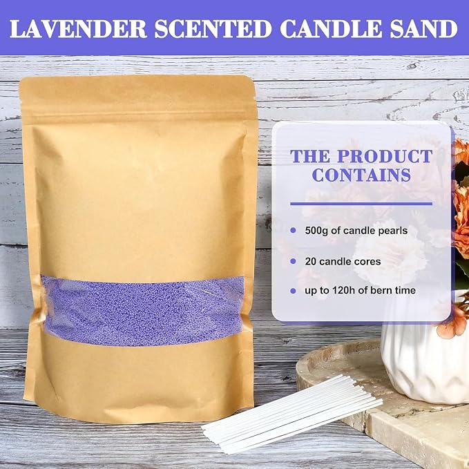 1.1LB Lavender Scented Candle Sand with Wicks, Candle Wax for DIY Candles Making, Refillable Beaded Wax Non-Toxic Sand Beaded Waxs Customized Making for Home Decoration Wedding Party