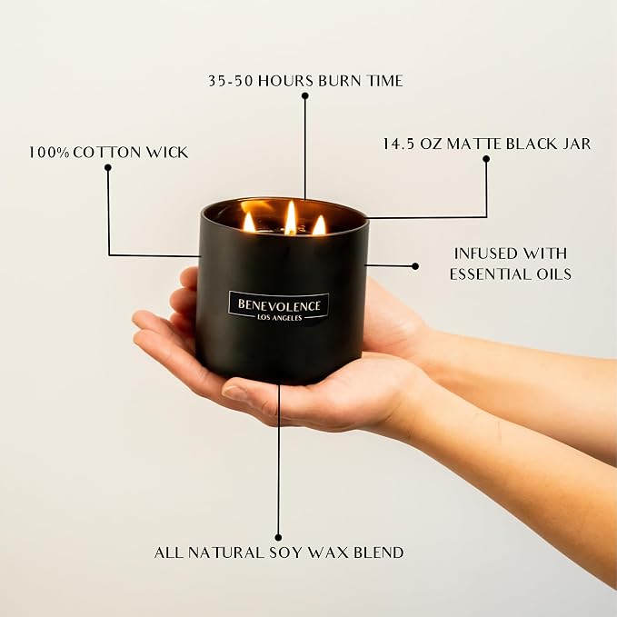 Benevolence LA Premium Charcoal Large 3-Wick Scented Candle – 45-Hour Burn – Luxury Natural Soy Candle for Home – Aromatherapy & Room Decor – 14.5oz