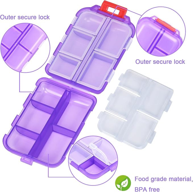 Travel Pill Organizer with 189 Labels, 10 Compartments Pill Travel Case Travel Medicine Organizer Purse Essentials Travel Daily Pill Container Mini Pill Case(Purple, 1 Pack)