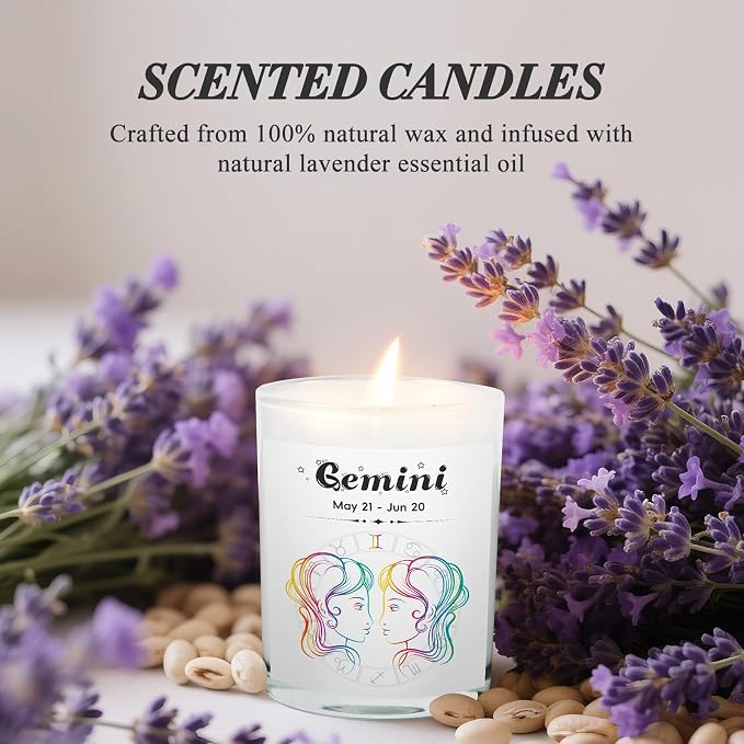 Gemini Gifts for Women, Zodiac Gemini Candle with Healing Crystals, Astrology Birthday Gifts for Women, Mom, Sister, Friends, Meditation, Yoga, Relaxation (7oz)