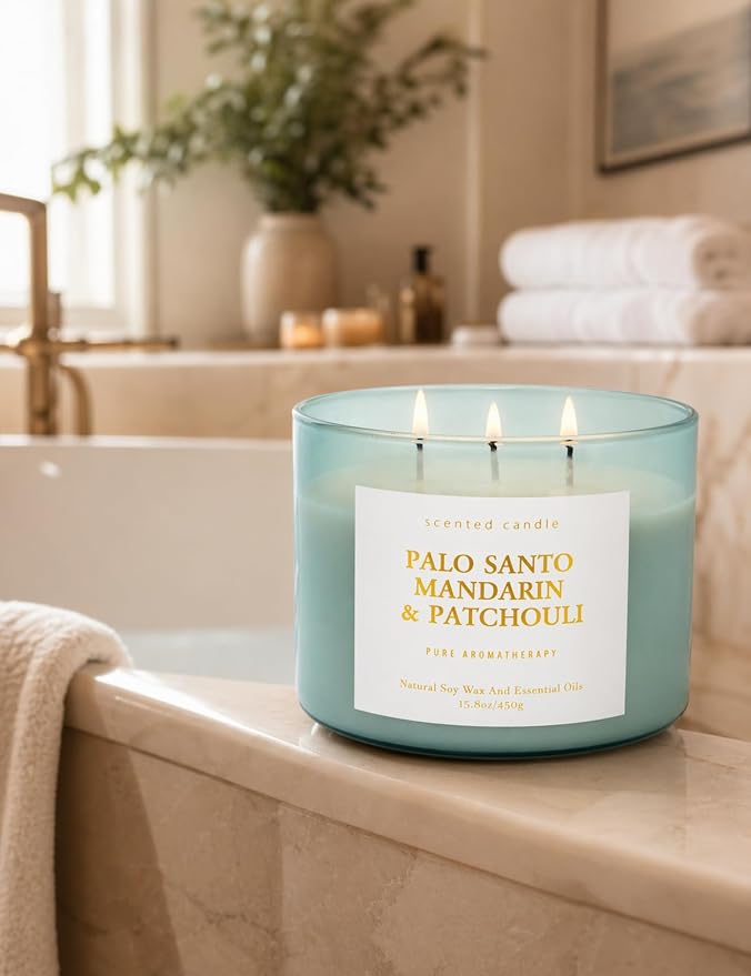 Palo Santo Mandarin Patchouli 3-Wick Soy Candle | 15.8 oz Calming Aromatherapy Candle for Home | Clean Burn Long Lasting | Warm Wood Citrus Scent | Stress Relief Candle Gift for Women & Men