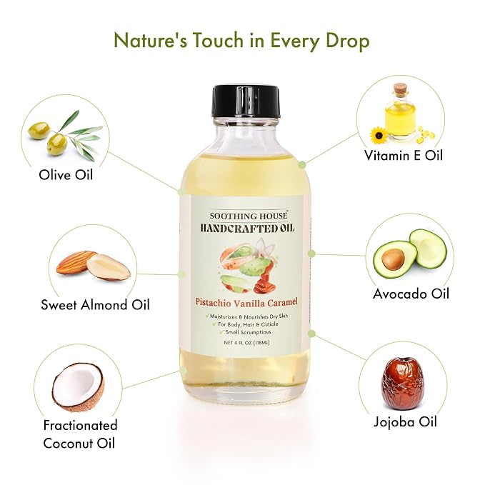 Pistachio Vanilla Caramel Body Oil - Nourishing Body Moisturizer for Soft, Glowing Skin with Jojoba & Almond Oil (4 fl oz)