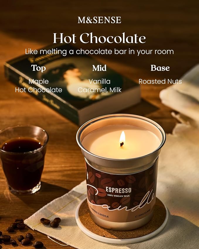 M&SENSE Hot Chocolate Scented Candles, Soy Wax 12.3oz | 75 Hours Long Lasting Clean Burn, Organic Cocoa, Non Toxic, Fall Seasonal, Winter Holiday Aromatherapy
