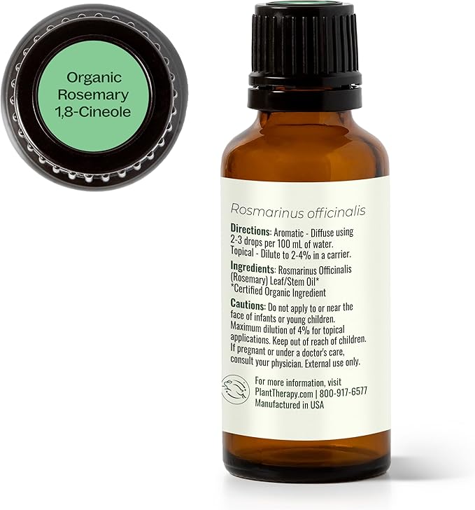 Plant Therapy Organic Rosemary Essential Oil, 30 mL (1 oz), 100% Pure and Undiluted, USDA Certified Organic, Great for Aromatherapy and Natural Hair Growth