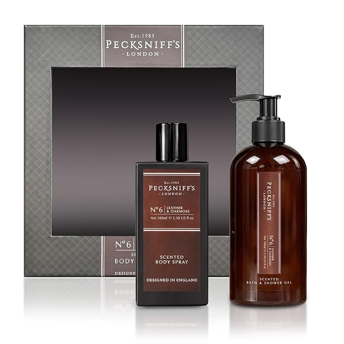 Pecksniff’s Men’s Body Duo Set – Leather & Oakmoss Scented Bath & Shower Gel 250ml & Body Spray 100ml – Luxury Grooming Gift Set for Him