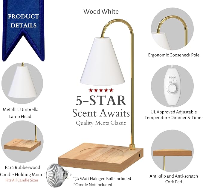 Cozyberry® Candle Warmer Lamp, Timer, Compatible with Yankee Candle Large Jar, Candle Lamp, Dimmable Candle Melter for Scented Candle, Wax Melt, Small & Large Size Jar Candles (Wood White, Timer)