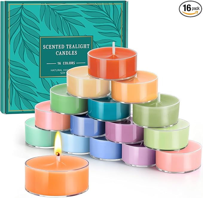 Colored Scented Tealight Candles, 16 Pack Soy Wax Colorful Tea Lights in 4 Scents for Home Decor, Relaxation & Gifts | Long-Lasting | Cedar, Amber Sandalwood, Lavender, Fig & Patchouli
