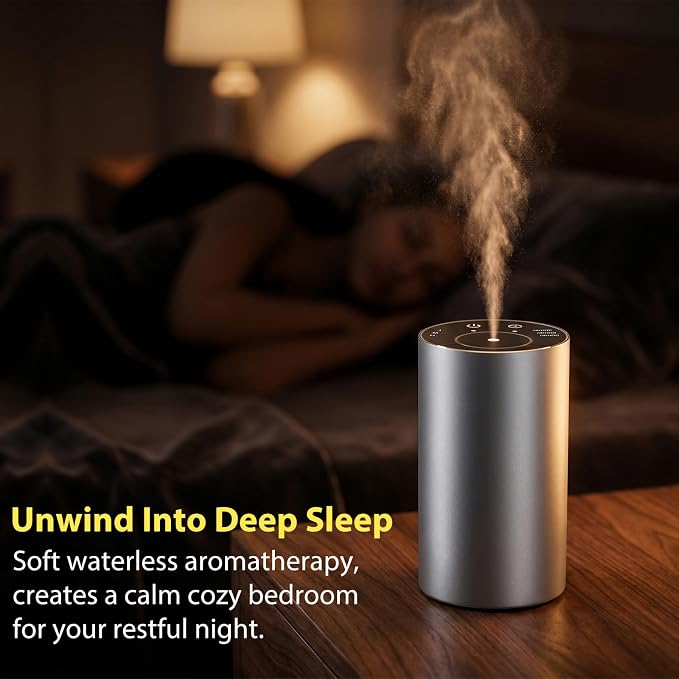 Homease Waterless Essential Oil Diffuser, Portable Cordless Aromatherapy with 3 Timers & Mist Levels, Rechargeable for Home Car Office, Premium Metal Silver