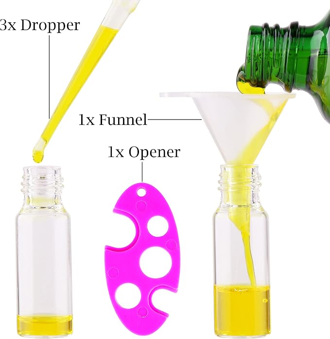 MaxMau Roller Bottles for Essential Oils, 24pcs 5ml Roll on Bottle Clear Glass Sample Test Refillable with Opener Funnel Dropper Golden Cap For Home Travel