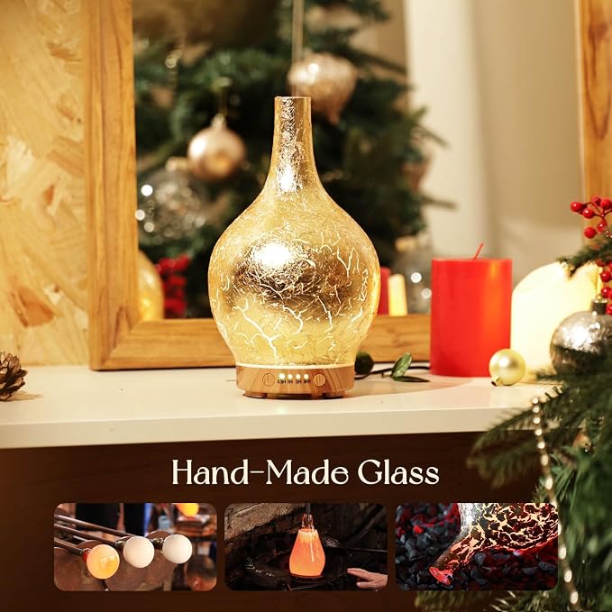 Porseme Gold Plated Essential Oil Diffuser Glass Aromatherapy Ultrasonic Humidifier, Auto Shut-Off,Timer Setting, BPA Free,Aroma Decoration for Home,Office,Gym,Spa,Premium Gift 150ml