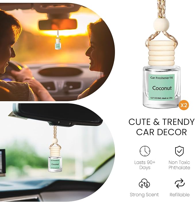 Hanging Car Air Freshener, Long Lasting Scent, Cute Air Fresheners for Women, 2 Pack Non-Toxic Essential Oil Diffuser, Made in USA