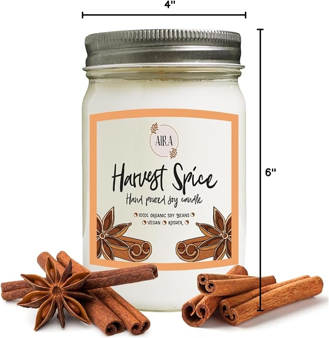 Aira Soy Candle – Harvest Spice – 12 oz Mason Jar – Hand-Poured USA – Long-Lasting Vegan Soy Wax Candle – Cozy Fall & Holiday Aroma – Paraffin-Free, Kosher, Cruelty-Free