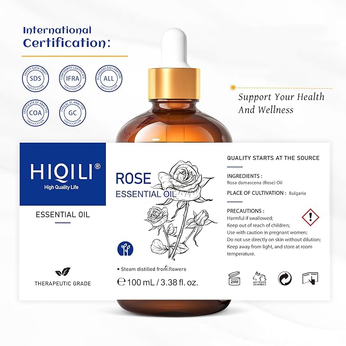 HIQILI 100ML Rose Essential Oil for Skin, Diffuser & Candle - 3.38 Fl Oz