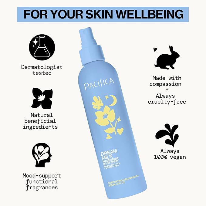 Pacifica Dream Milk Magnesium Spray for Sleep & Relaxation - Natural Magnesium Body Mist Infused with Lavender, Chamomile & Essential Oils, Vegan & Cruelty-Free, Clean Beauty, 8 fl oz