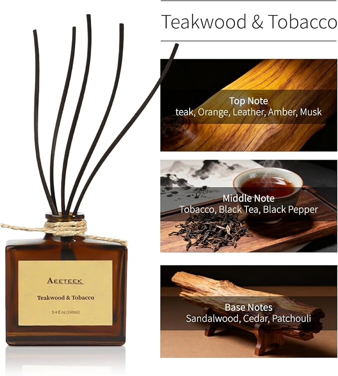 Reed Diffuser, Teakwood & Tobacco Essential Oil Diffuser with Dried Flowers, 3.4 oz Musk Scented Oil, Handmade Home Decor Air Freshener, Long-Lasting Room Scent for Office, Bathroom
