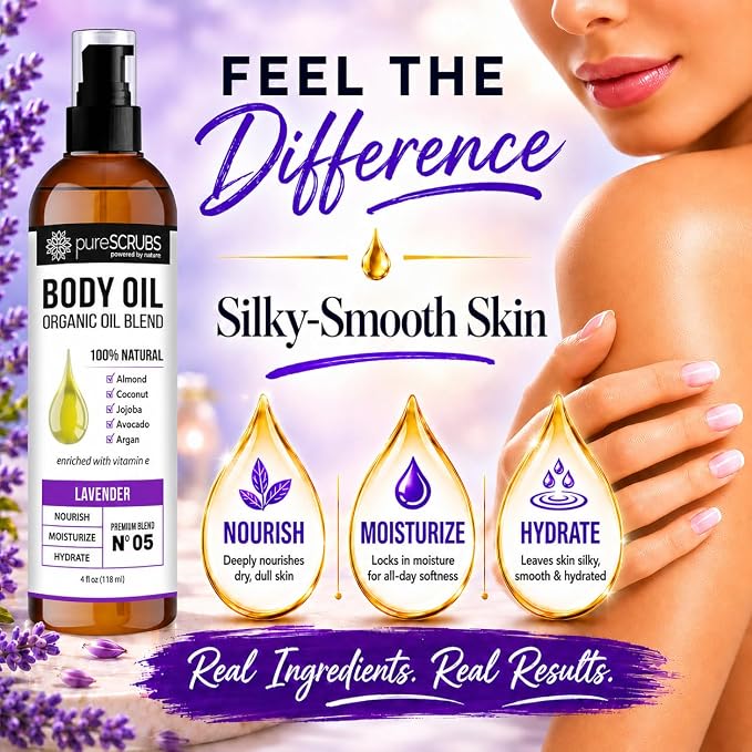 pureSCRUBS Ultra Moisturizing Lavender Body Oil for Dry Skin, Lightweight Full Body Moisturizer for Soft, Silky Skin, Massage & Cuticle Oil, Vitamin E Enriched, 4 oz
