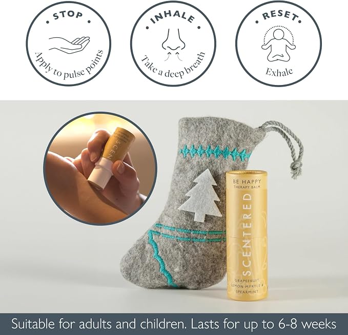Scentered Aromatherapy Happy Balm Christmas Stocking Gift for Positivity & Gratitude - Essential Oils Roll On with Lemon & Grapefruit - Self-Care Stocking Stuffers for Women