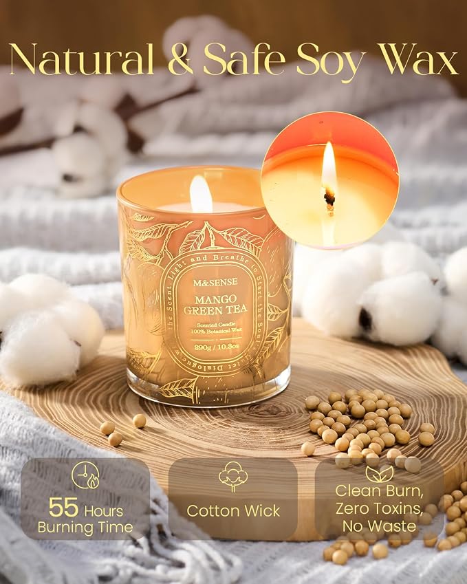 M&SENSE Mango Green Tea Soy Candle, Bathub Spa Relax Gift | Tropical Spa Atmosphere, Clean Soy Wax Long Burning for Bathtub, Summer Refresh For Rooms, Reusable Golden Stamped Jar