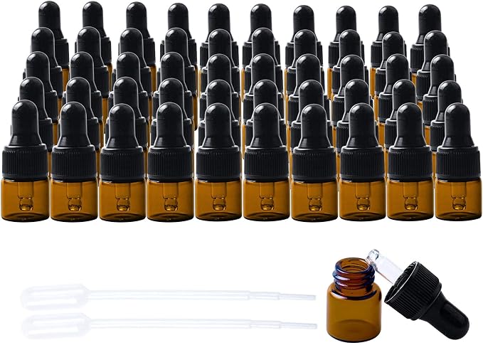 Sample Dropper Bottles, Mini Dropper Bottles with 2 Pcs Plastic Droppers for Traveling Essential Oils DIY Cosmetic Liquid Sample Perfume (Amber, 1ML)