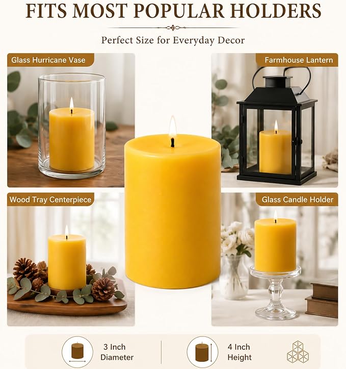 Beeswax Candles Pillar 3x4 Inch, 4 Pack Non Toxic Bees Wax Candle for Home Decor, Large Natural Organic Pillar Candle with 60 Hours Long Burning Time for Emergency, Meditation, Relax