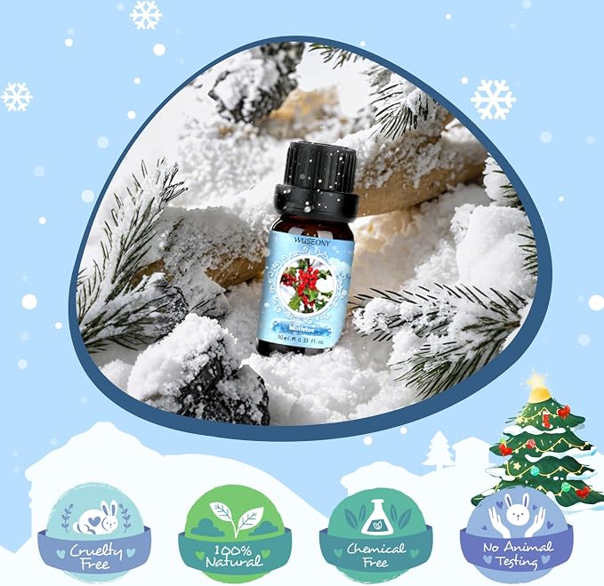 WUSEONY Winter Essential Oil for Diffusers Home, Holiday Fragrance Oils Set, Scented Oil Gift Set for Candle Soap Making - Christmas Wreath, Gingerbread, Mistletoe, Peppermint, Cinnamon, Hot Chocolate