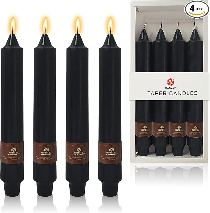 Black Halloween Taper Candles 4 Pack Hand-Poured 9 Inch Unscented Long Tapered Candles for Spooky Decor, Haunted Houses & Gothic Weddings - Clean Burning, Smokeless & Odorless