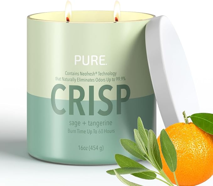 Candle-Lite Pure Sage & Tangerine Odor Eliminating Scented Candles, Neofresh Technology Eliminates 99.9% of Odors, 16 oz 2-Wick Jar, Proudly Poured in The USA, Up to 60 Hours Burn Time