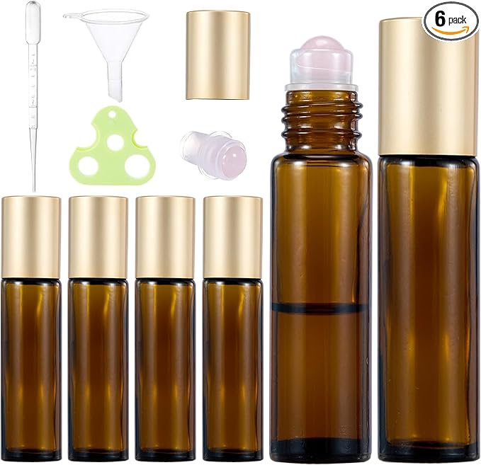 Qeuly 6 Pack Rose Quartz Roller Bottles for Essential Oils, 10ml Amber Glass Roll on Bottles with Natural Crystal Balls, Leak-Proof Travel Size Perfume Roller Bottle (Amber)