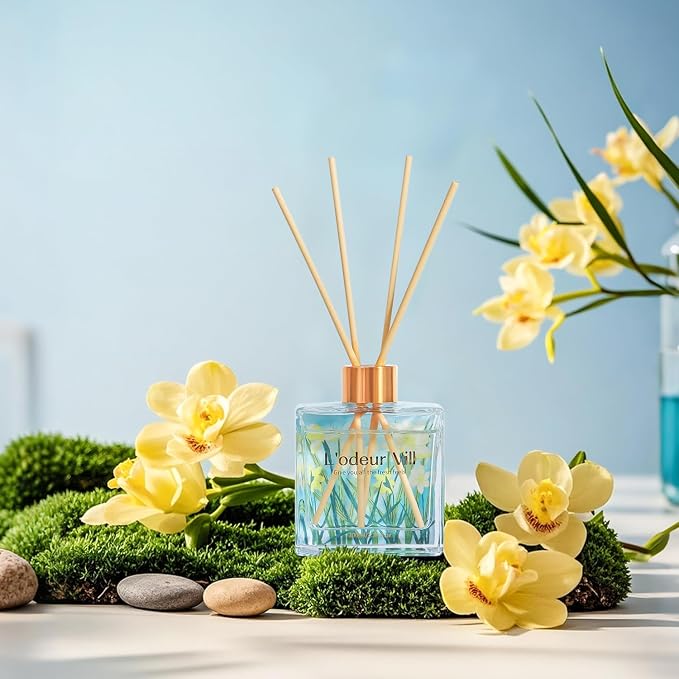 L'odeur Vill Reed Diffuser Set/Vanilla/3.38 fl.oz（100ML）/1 Pack with 6 Reed Sticks/Home Fragrance Diffuser, Oil Scent Diffuser for Bathroom Shelf Decor.