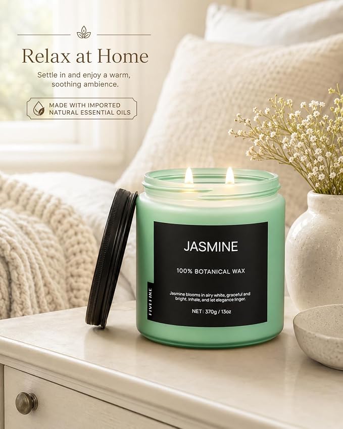 Jasmine Home Scented Candles, 13oz Organic Soy Wax, 76-Hour Clean Burning, Natural Candles Non Toxic, Floral Scent for Relaxation, Aromatherapy Housewarming Candle for Men Women