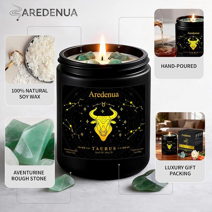 Taurus Birthday Gifts Candle | Zodiac Crystal Candles with Green Aventurine Healing Crystals - Balsamic Cedar Woody Scented Soy Candle, 7oz 50 Hour Burn, Unique Spiritual Astrology Gifts for Women Men