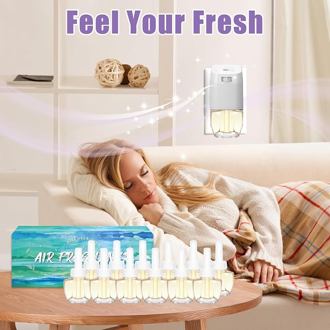 Plug In Air Fresheners for Home – 12 Pack Scented Refills with 1 Plug In Warmer – Linen, Lavender, Vanilla, Summer Fresh Air Freshener, Odor Eliminator for Bathroom, Room, House
