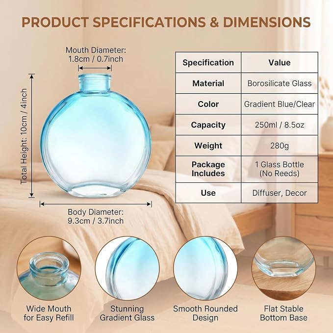 1 Pack 150ml/5oz Flat Round Blue Glass Reed Diffuser Bottles, Refillable Aromatherapy Essential Oil Bottles for Bathroom, Home & Office Decor