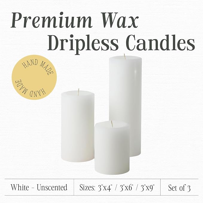 Mister Candle White Unscented Dripless Pillar Candles Set of 3, 3 Inch Diameter, Hand Poured, Premium Wax, Decorative Pillar Candles (3" x 4", 3" x 6", and 3" x 9", White)