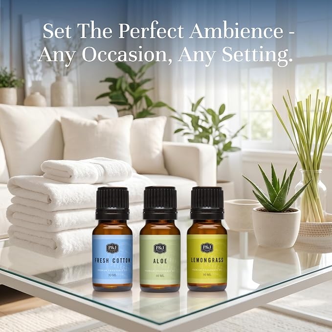 P&J Trading Clean Trio Set of 3 - Fresh Cotton, Aloe & Lemongrass - Premium Concentrated Trio Set for Candle Making, Diffusers, Soap Making, Car Freshies & DIY Crafts - USA Made, 10 ML