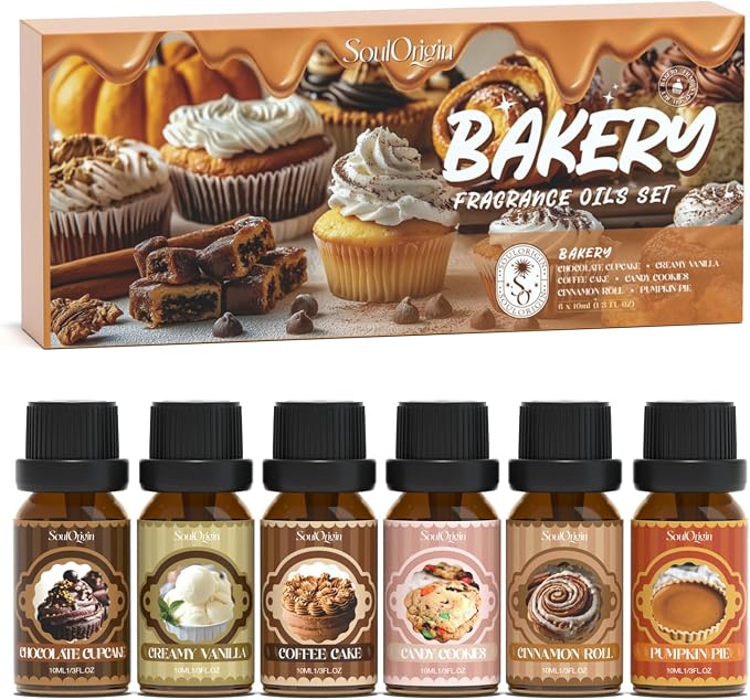 Soulorigin Bakery Essential Oils Set, Fragrance Oil Set for Diffuser, Scent Diffuser Oil for Candle Making- Chocolate Cookies, Creamy Vanilla, Coffee Cake, Pumpkin Pie, Candy Cookies, Cinnamon Rolls