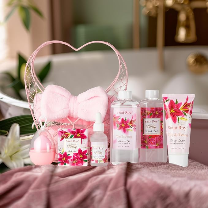 Spa Gift Basket Gifts for Mom Gifts Basket Christmas Gifts for Women Spa Set Lily & Peony Home Spa Set, Beauty Personal Care Set Jojoba Oil, Spa Self Care Kit, Bath Body For Thank You, Birthday