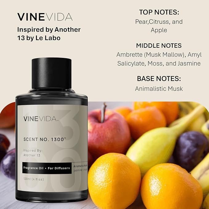 VINEVIDA [4 Fl Oz] Scent NO. 1300 Fragrance Oil for Cold Air Diffusers, Aromatic Notes of Jasmine Musk Woody, Essential Oils for Diffuser Oil Refill & Air Freshener Room Spray