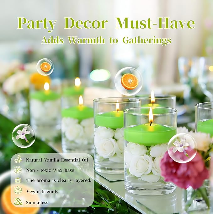 Premium Floating Candles 3 Inch,36 Pack Scented Floating Candles with Candied Citrus Fragrance, 8 Hours Long Burning Green Wax Candles for Pool Parties, Outdoor Dinners, Wedding Decor, Holiday Events