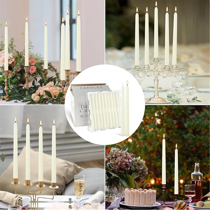 YOROXRG 100Pack Ivory Taper Candles, 7-8 Hours Burn Time, Unscented, Smokeless and Dripless, 0.75 x 10 Inch Dinner Candle Set for Household, Wedding, Party and Home Décor Candlesticks