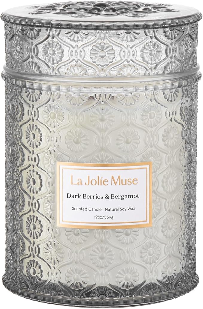 LA JOLIE MUSE Dark Berries Bergamot Scented Candles for Home,19 oz Soy Wax | Large Jar Luxury Candle, Clean Non Toxic, Gifts for Women & Men, Decorative Summer Candles, Wood Wick, Citrus Grape Cherry