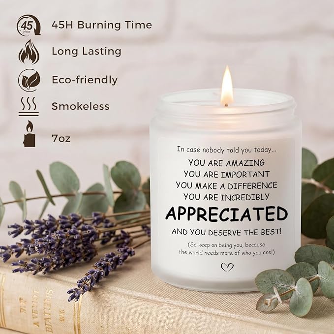 MULCHUM Lavender Scented Candle, Self-Care Cheer Up Gift for Friends, Relaxing Natural Soy Wax Jar Candle for Women Men Employee Appreciation Stress Relief, 7oz 45 Hours Long Lasting Burn