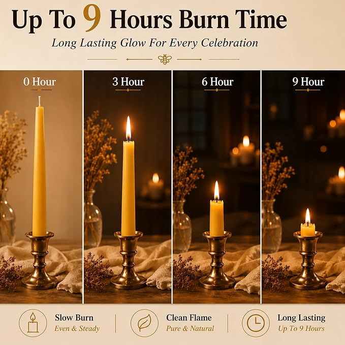10inch Beeswax Taper Candles 12 Pack Natural Pure Beeswax Candlesticks Smokeless 9 Hour Long Burning Time Tapered Beeswax Candle Sticks Bees Wax Candle for Home Prayer
