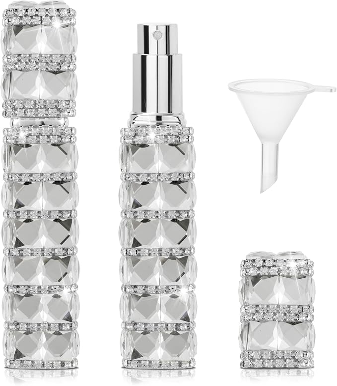 Travel Perfume Atomizer Refillable Bottle, 12ml Rhinestone Mini Perfume Bottles Empty Refillable Travel Atomizer Sprayer with Funnel (1Pc-Silver)