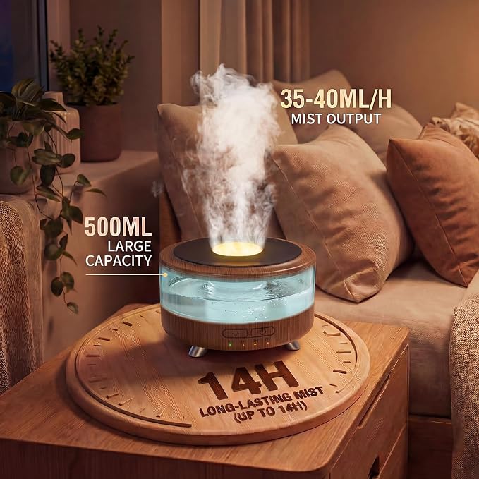 Essential Oil Diffuser for Home, 500ML Aromatherapy Diffuser Oil Machine for Office Room Yoga, Aroma Diffuser with Auto-Off Function, 9 Colors LED Night Light, Dark Wood