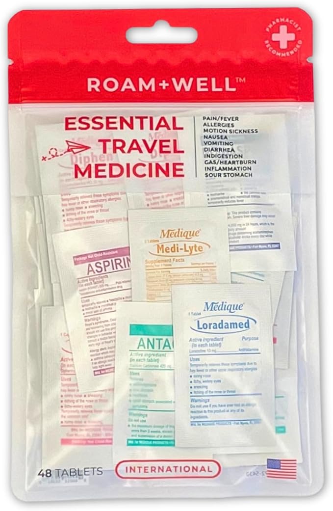 Essential Travel Medicine Kit, OTC Travel Medication, TSA Approved (International | 48 Tablets)