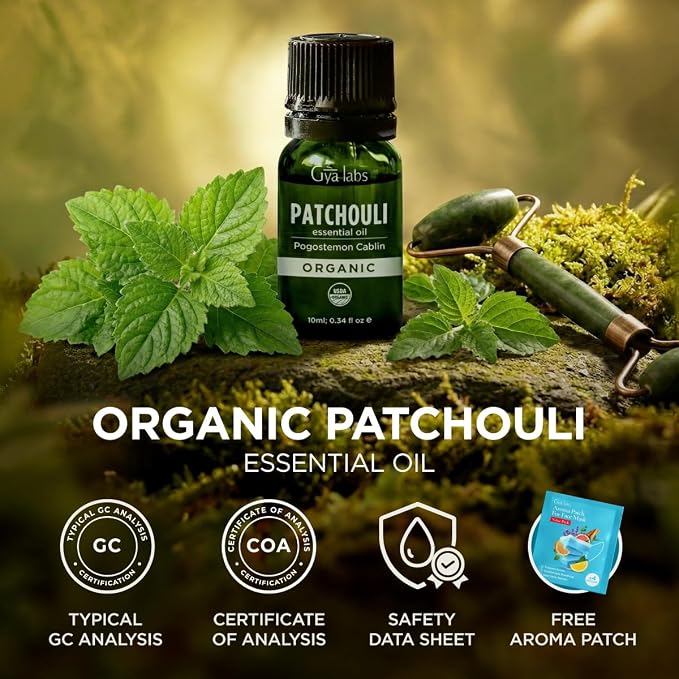 Gya Labs USDA Certified Organic Patchouli Essential Oil for Skin, Hair, Diffuser, Aromatherapy, DIY Candle Making Scents - 0.34 Fl Oz
