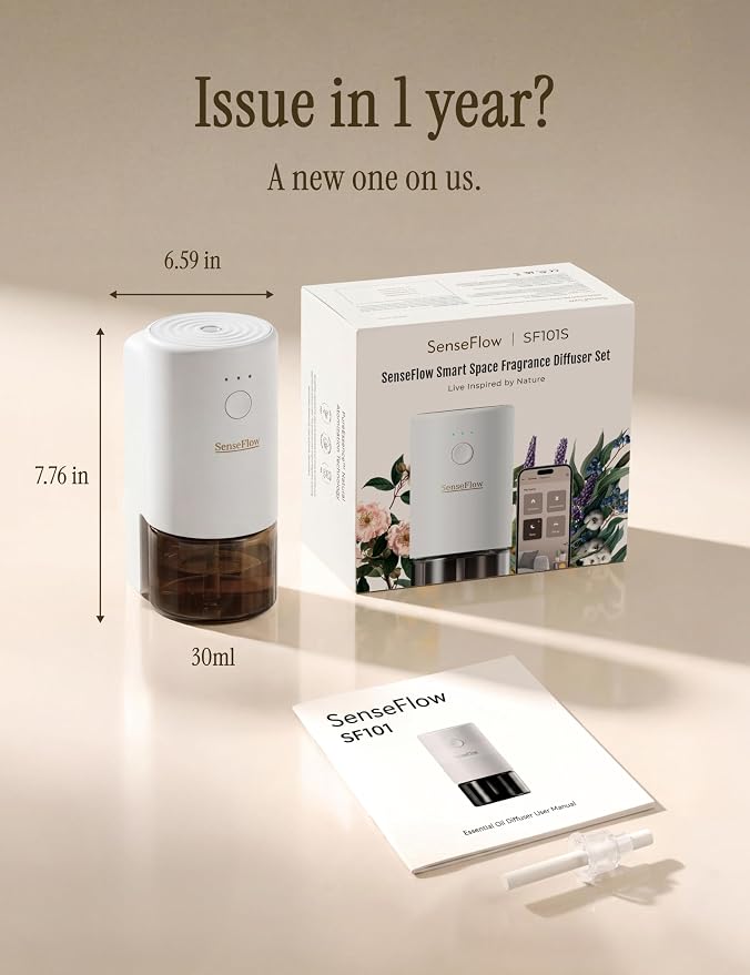 Essential Oil Diffuser for Home, Smart Waterless Aromatherapy Diffuser SF101S Pro, Plug in Room Scent with Timer & 120-Day Natural Aroma, Covers 1000 Sq Ft – Free 30ml Jasmine Berry Bloom