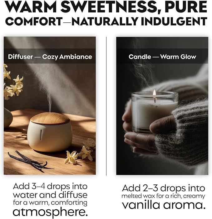 Vanilla Essential Oil | 100% Pure & Natural Vanilla planifolia with Warm Sweet Rich Aroma | for Diffuser, Candle Making, Perfumery & DIY Aromatherapy Blends, 0.34 fl oz